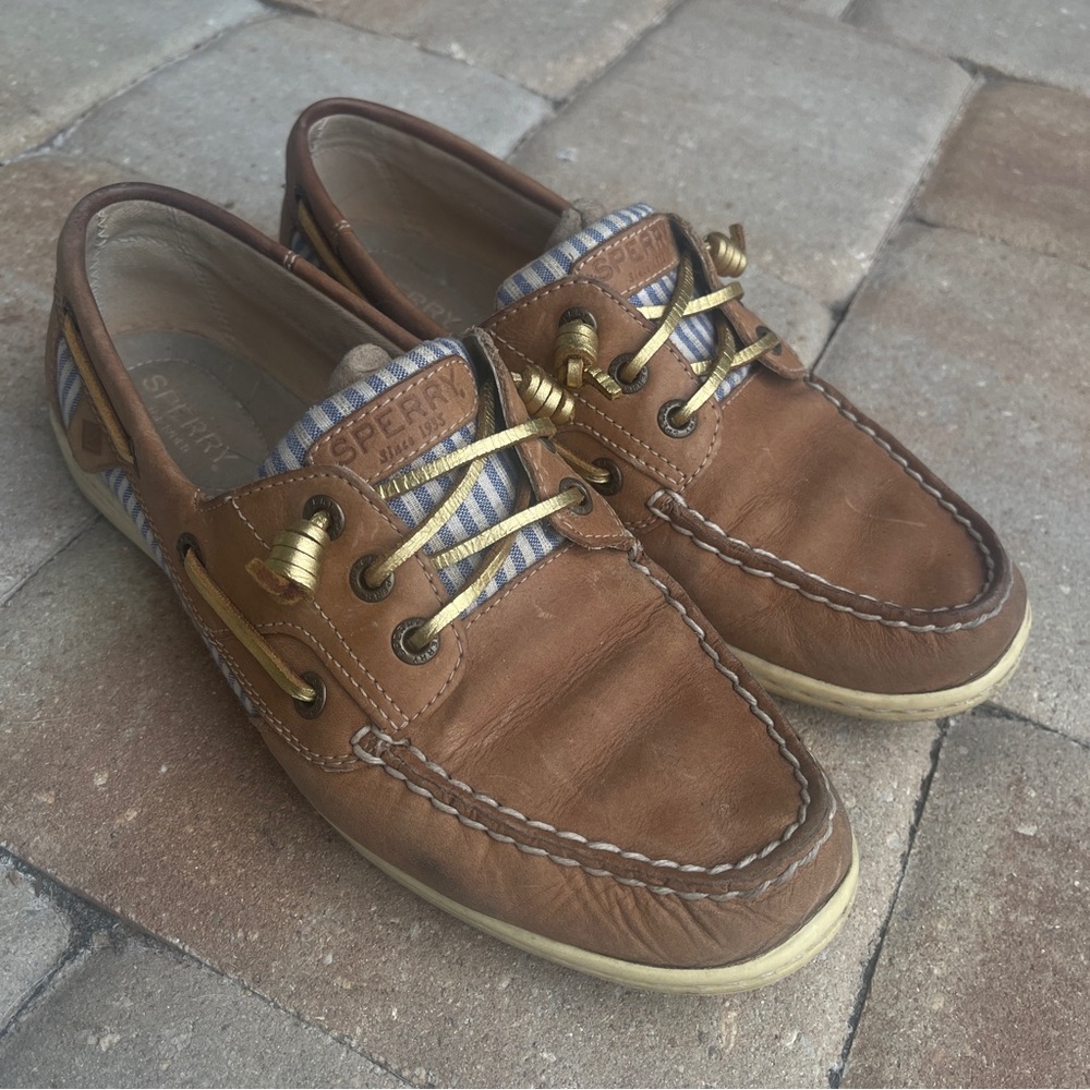 Sperry Size 8.5 Women's Songfish Blue Striped with Gold Metallic Laces Boat Shoe